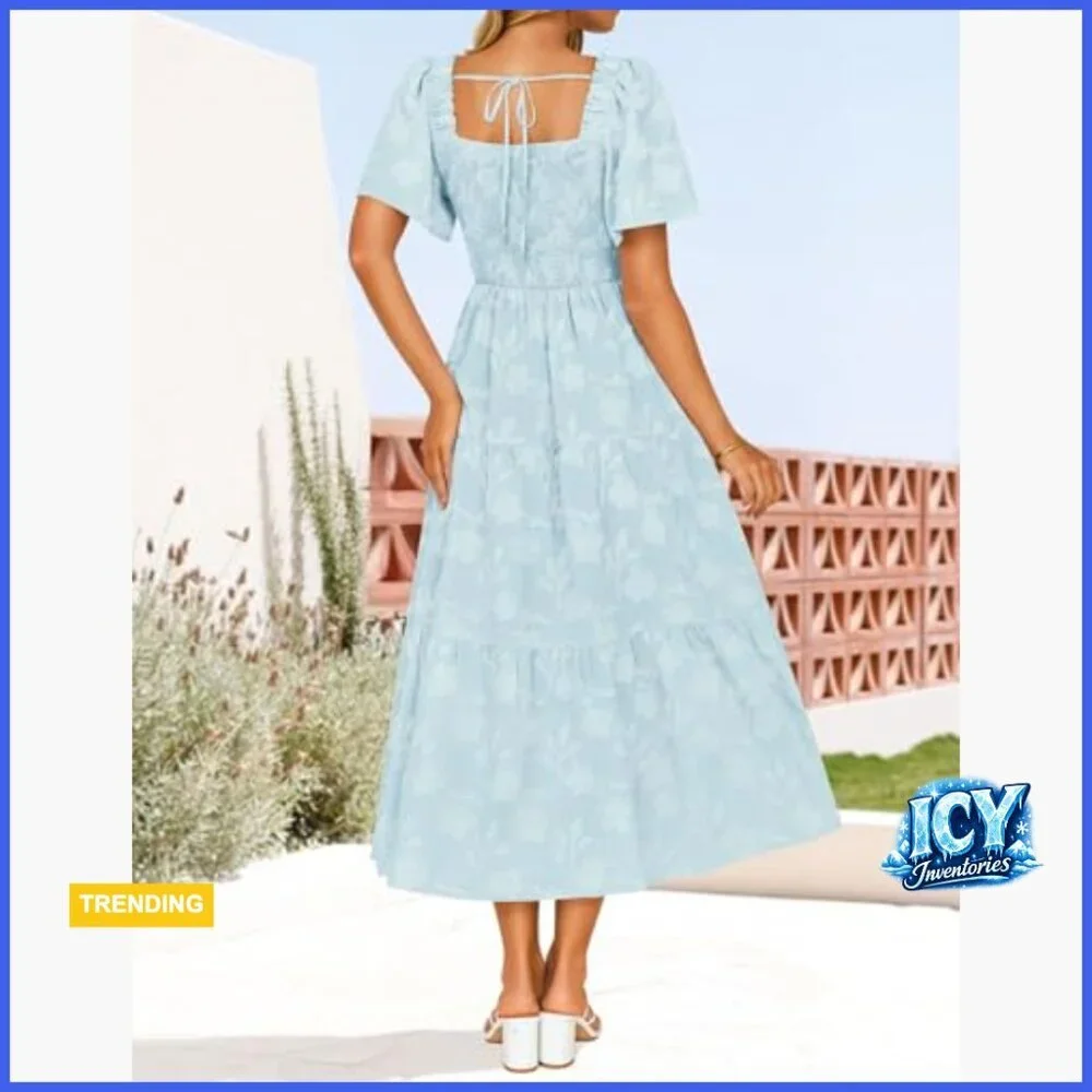 Boho Floral Midi Dress Casual Short Sleeve Square Neck Flowy Beach